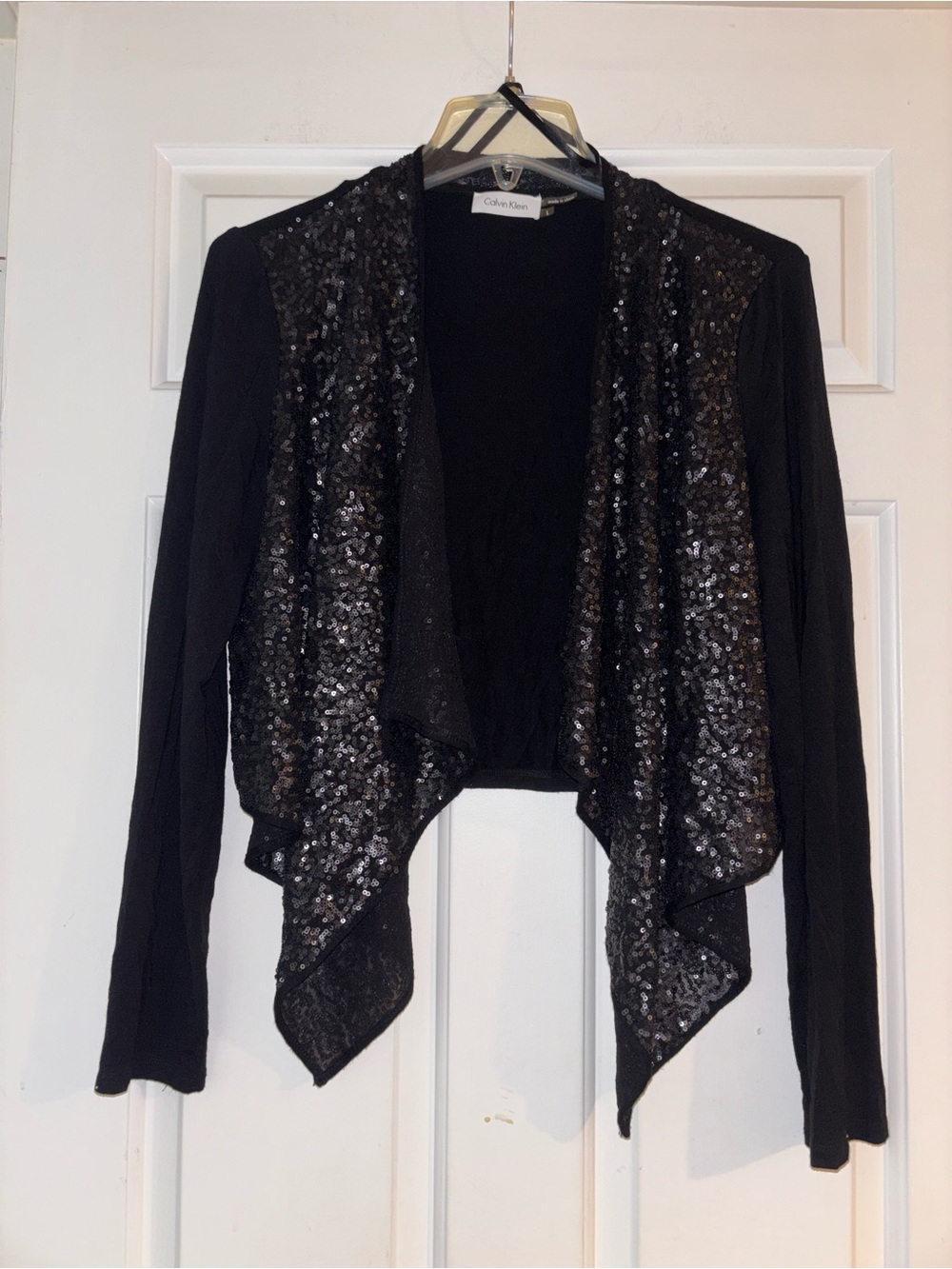 Calvin Klein Black Sequin Draped Open-Front Cardigan
